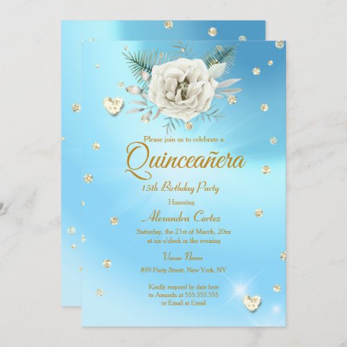 Quinceanera Blue Gold Glitter Rose Floral Invitation