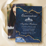 Quinceanera Blue Gold Marble Agate Geode Photo Invitation<br><div class="desc">Modern Elegant Watercolor Blue and Gold Marble Agate Geode Quinceanera Invitation - Photo Back</div>