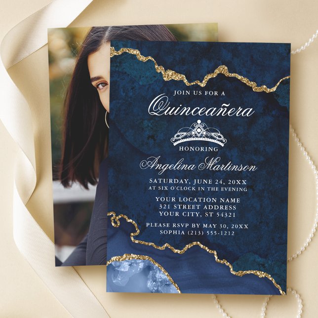 Quinceanera Blue Gold Marble Agate Geode Photo Invitation