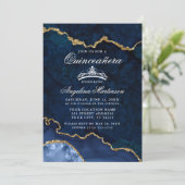 Quinceanera Blue Gold Marble Agate Geode Photo Invitation (Standing Front)