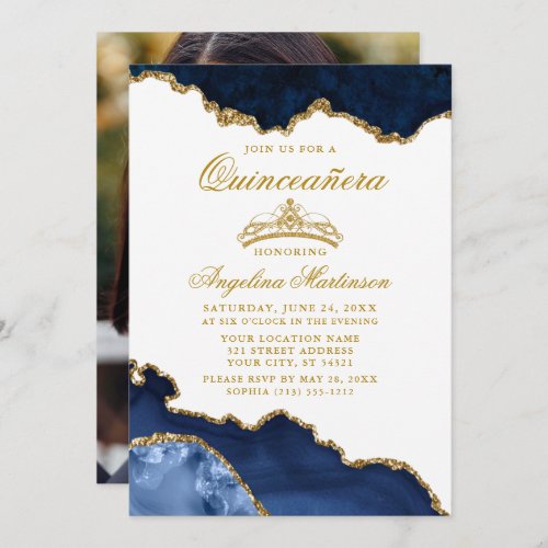 Quinceanera Blue Gold Marble Crown Photo Invitation