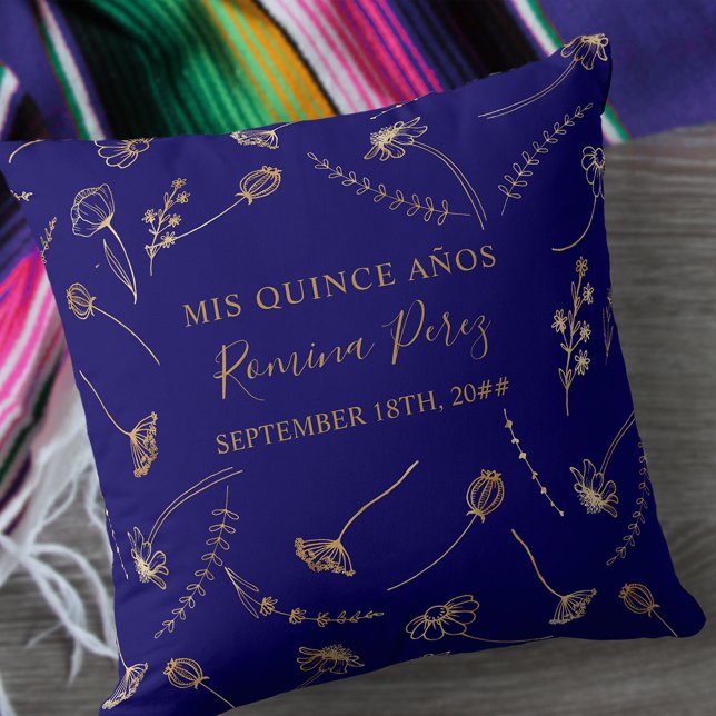 Quinceanera Blue Gold Wildflower Mis Quince Anos Throw Pillow (Creator Uploaded)