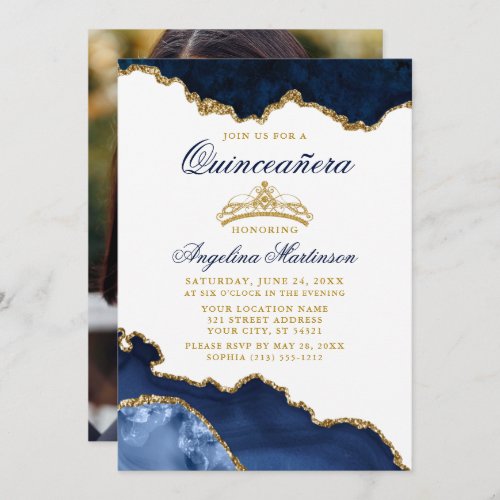 Quinceanera Blue Marble Gold Crown Photo Invitation