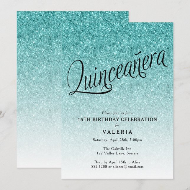 Quinceanera Blue Ombre Glitter Birthday Invitation (Front/Back)