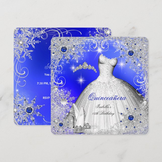 Quinceanera Blue Pearl Silver Winter Snowflakes Invitation (Front/Back)