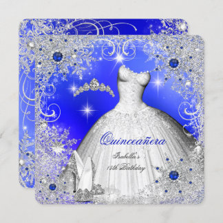 Quinceanera Blue Pearl Silver Winter Snowflakes Invitation