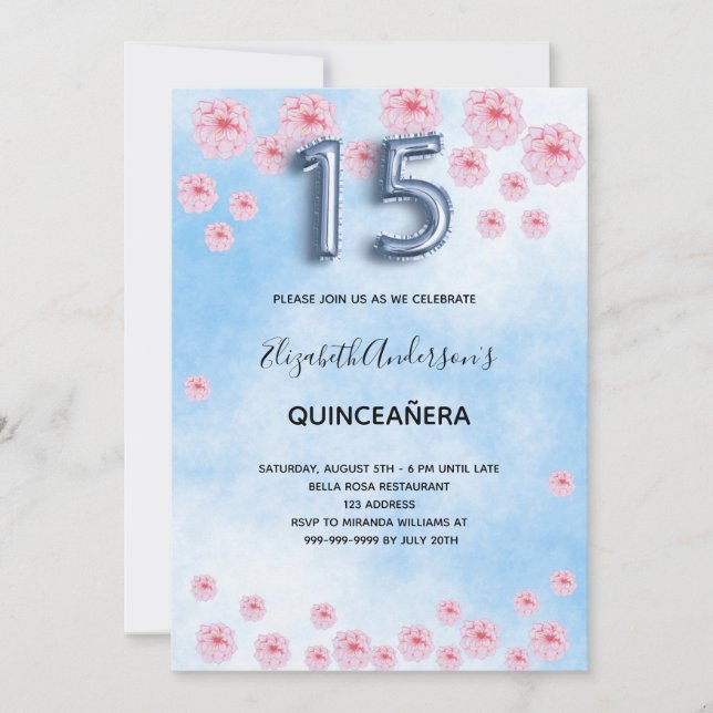 Quinceanera blue pink blossoming florals  invitation (Front)