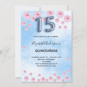 Quinceanera blue pink blossoming florals invitation
