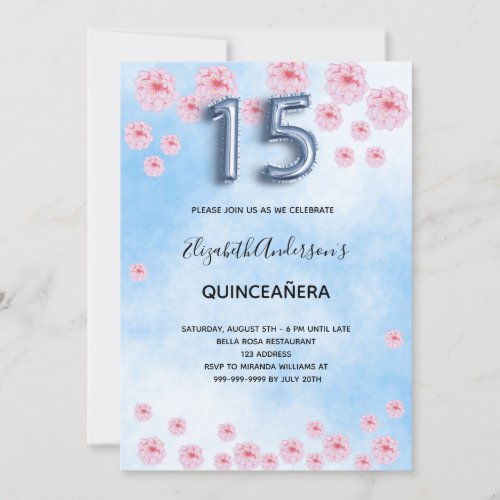 Quinceanera blue pink blossoming florals  invitation