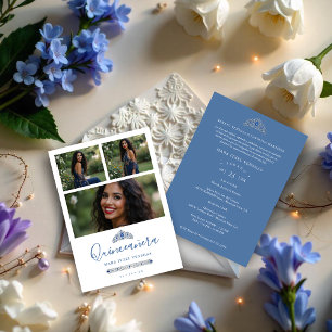 Quinceañera Blue Princess Tiara 3-Photos Spanish Invitation