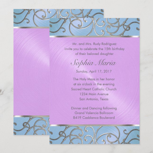 Quinceanera Blue Purple Silver Filigree Swirls Invitation (Front/Back)