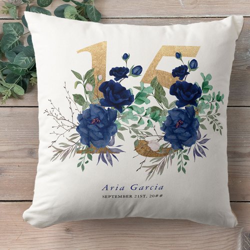 Quinceanera Blue Rose Floral Gold Number 15 Throw Pillow