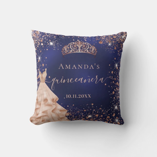 Quinceanera blue rose gold tiara dress name throw pillow (Front)