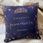 Quinceanera blue rose gold tiara name script throw pillow<br><div class="desc">For an elegant Quinceañera,  15th birthday.  A stylish blue background color,  the blue color is uneven. Decorated with rose gold faux glitter dust, a tiara crown. Personalize and add a name,  age and a date. Quinceañera is written with a modern hand lettered style script with swashes.</div>