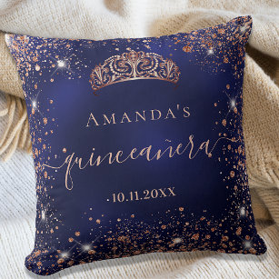 Quinceanera blue rose gold tiara name script throw pillow
