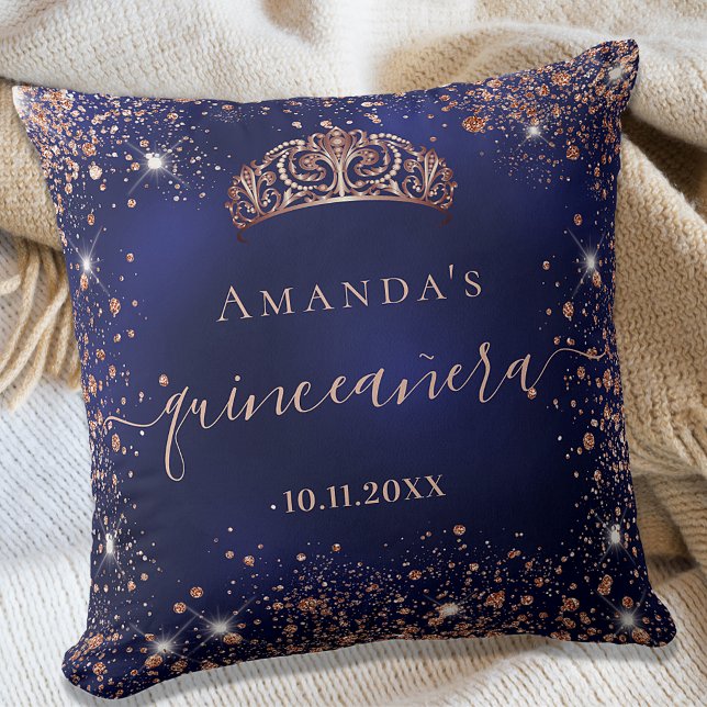 Quinceanera blue rose gold tiara name script throw pillow (Creator Uploaded)