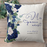 Quinceanera Blue Rose Personalized Mis Quince Anos Throw Pillow<br><div class="desc">Quinceañera pillow is a beautiful keepsake gift to celebrate the 15th Birthday of a special young woman. This elegant Quinceanera pillow has dark blue and creamy white toned vintage rose flowers on a white background with a splash of gold confetti dots. Mis Quince Anos is lettered in calligraphy with love...</div>