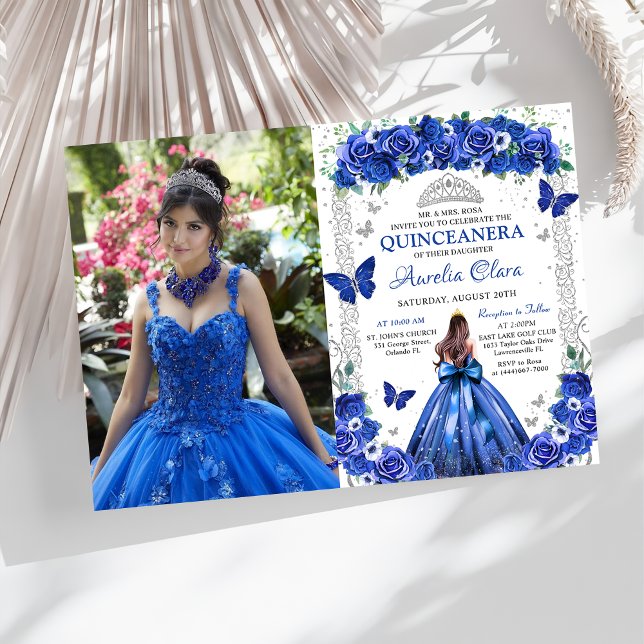Quinceañera Blue Roses Floral Princess Photo Invitation (Creator Uploaded)
