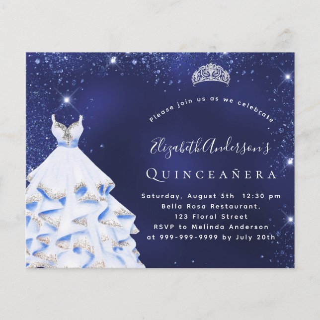 Quinceanera blue silver dress budget invitation flyer (Front)