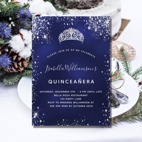 Quinceanera blue silver glitter dust tiara crown invitation