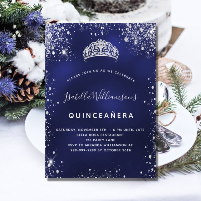Quinceanera blue silver glitter dust tiara crown invitation (Creator Uploaded)
