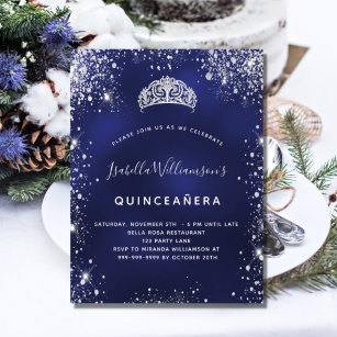 Quinceanera blue silver glitter dust tiara crown invitation postcard