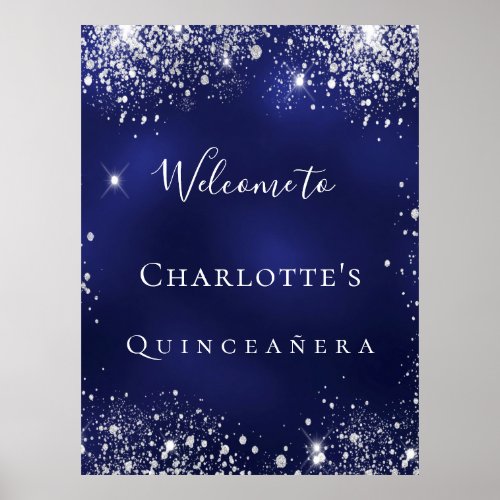 Quinceanera blue silver glitter dust welcome poster