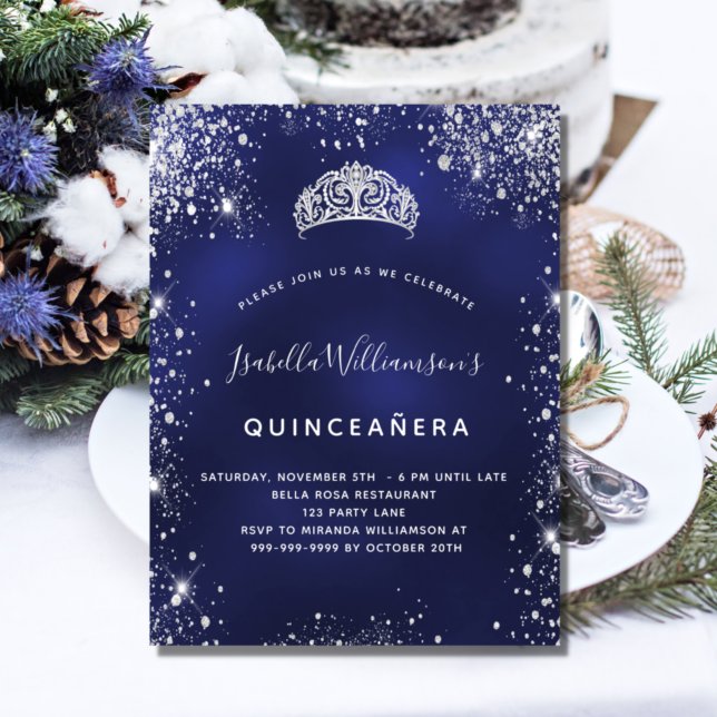 Quinceanera blue silver glitter tiara crown invitation postcard (Creator Uploaded)