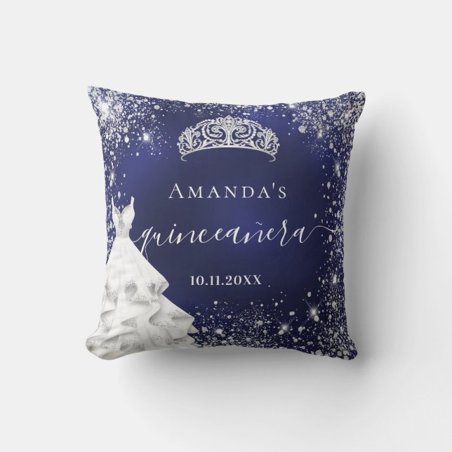 Quinceanera blue silver glitter tiara dress name throw pillow (Front)