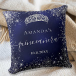 Quinceanera blue silver glitter tiara name script throw pillow<br><div class="desc">For an elegant Quinceañera,  15th birthday.  A stylish blue background color,  the blue color is uneven. Decorated with faux silver glitter dust, a tiara crown. Personalize and add a name,  age and a date. Quinceañera is written with a modern hand lettered style script with swashes.</div>