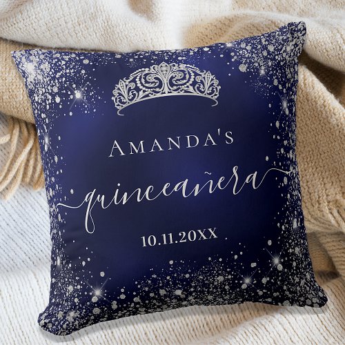 Quinceanera blue silver glitter tiara name script throw pillow