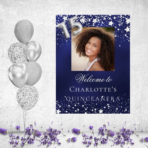 Quinceanera blue silver stars photo welcome poster