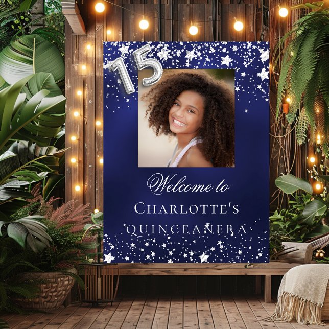 Quinceanera blue silver stars photo welcome poster (Creator Uploaded)