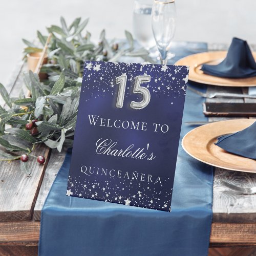 Quinceanera blue silver stars welcome party pedestal sign