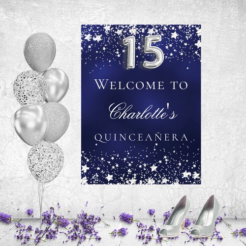 Quinceaera blue silver stars welcome party poster