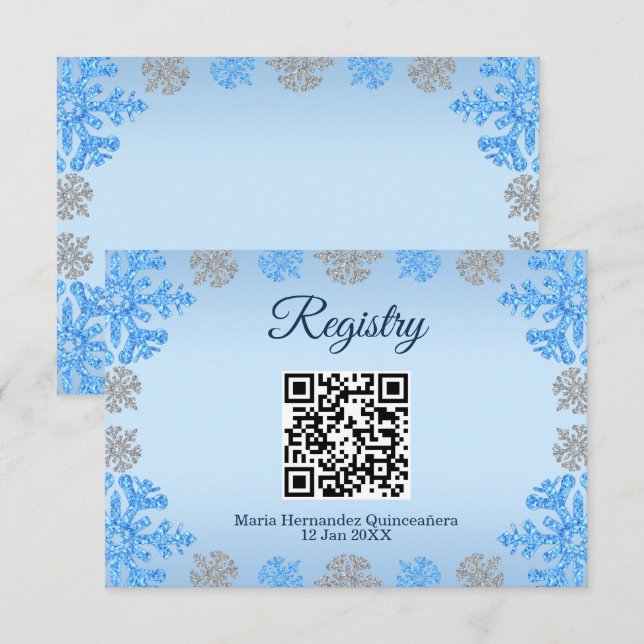 Quinceañera Blue Silver Winter Snowflake Registry Enclosure Card (Front/Back)
