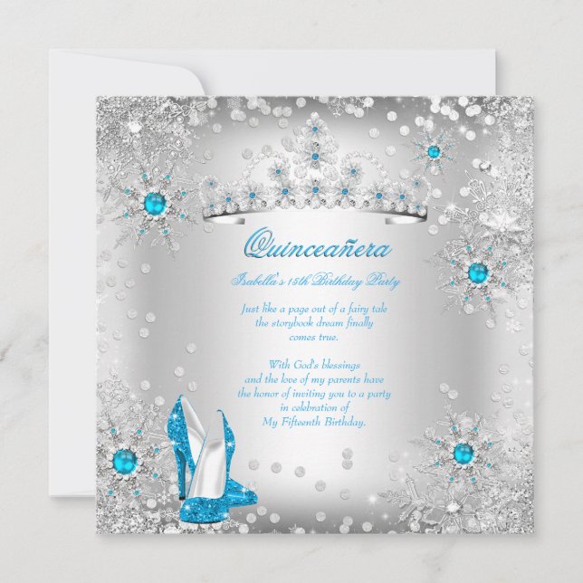 Quinceanera Blue Silver Winter Wonderland Invitation (Front)