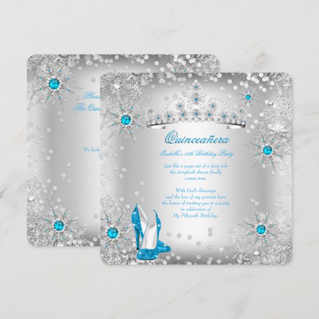 Quinceanera Blue Silver Winter Wonderland Invitation (Front/Back)