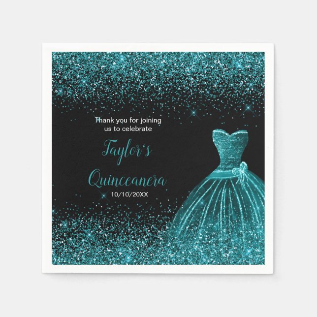Quinceanera Blue Teal Faux Glitter Napkins (Front)