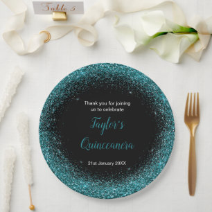 Quinceanera Blue Teal Faux Glitter Paper Plates