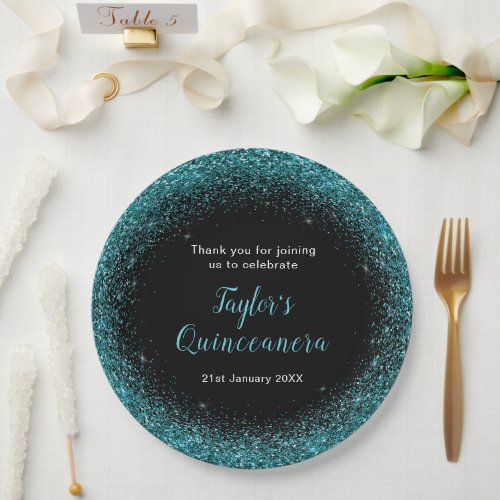 Quinceanera Blue Teal Faux Glitter Paper Plates