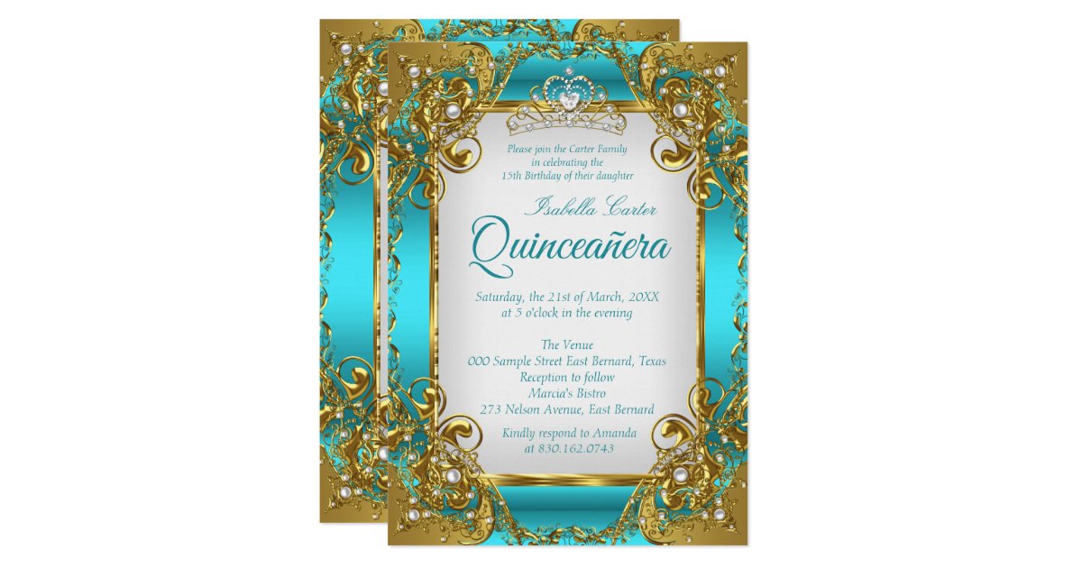 Quinceanera Blue Teal Golden Pearl Tiara Party Invitation Zazzle