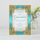 Quinceanera Blue Teal Golden Pearl Tiara Party Invitation (Standing Front)