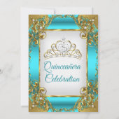 Quinceanera Blue Teal Golden Pearl Tiara Party Invitation (Back)