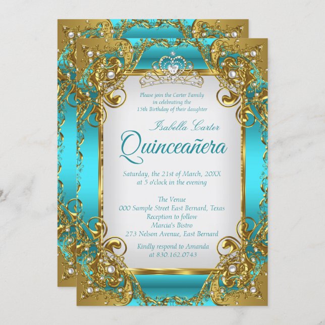 Quinceanera Blue Teal Golden Pearl Tiara Party Invitation (Front/Back)
