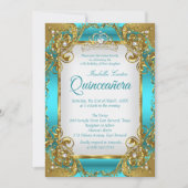 Quinceanera Blue Teal Golden Pearl Tiara Party Invitation (Front)
