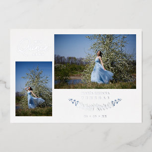 Quinceañera Blue Trendy Branches Spanish 2 Photos  Foil Invitation