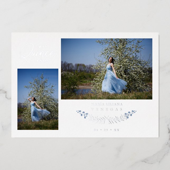 Quinceañera Blue Trendy Branches Spanish 2 Photos  Foil Invitation (Front)