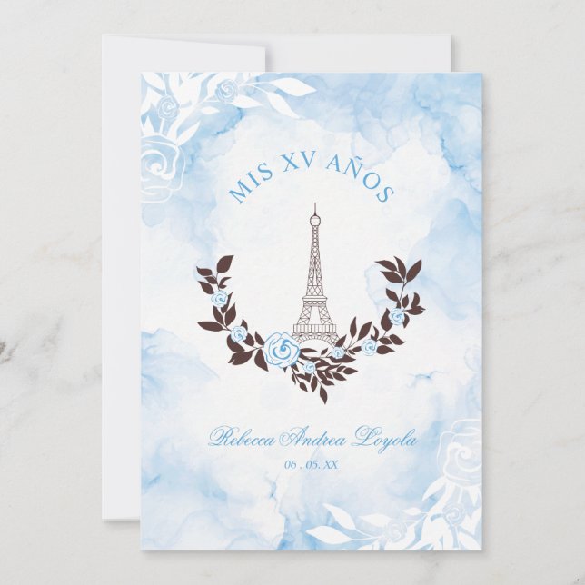 Quinceañera Blue Watercolor Chic Paris Eiffel Invitation (Front)