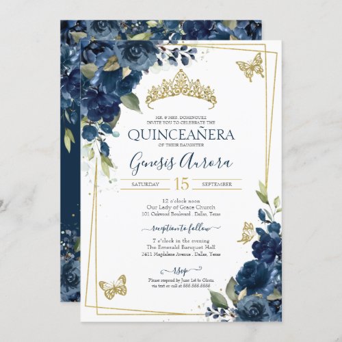 Quinceaera Blue Watercolor Floral Gold Butterfly Invitation